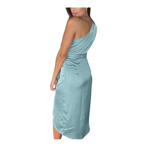 New Ruched Pale Blue Bodycon Dress Sz M One Shoulder Wrap Satin Cocktail Wedding - Picture 8 of 15